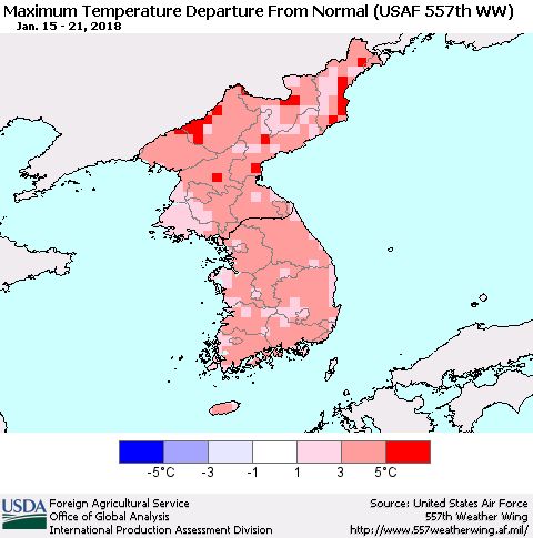 Korea Mean Maximum Temperature Departure from Normal (USAF 557th WW) Thematic Map For 1/15/2018 - 1/21/2018