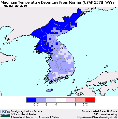 Korea Mean Maximum Temperature Departure from Normal (USAF 557th WW) Thematic Map For 1/22/2018 - 1/28/2018