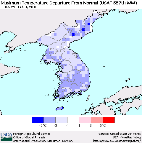 Korea Mean Maximum Temperature Departure from Normal (USAF 557th WW) Thematic Map For 1/29/2018 - 2/4/2018