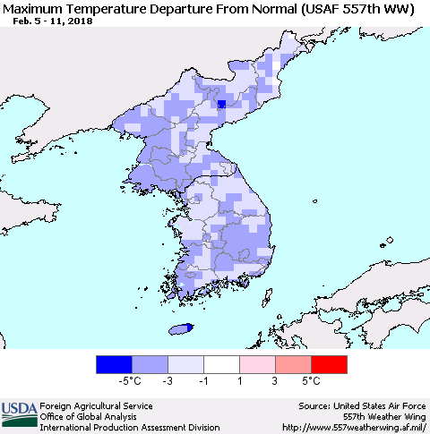 Korea Mean Maximum Temperature Departure from Normal (USAF 557th WW) Thematic Map For 2/5/2018 - 2/11/2018