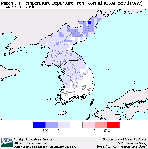Korea Mean Maximum Temperature Departure from Normal (USAF 557th WW) Thematic Map For 2/12/2018 - 2/18/2018
