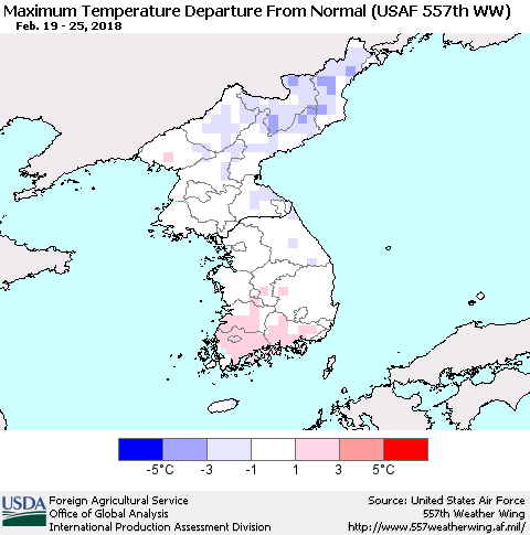 Korea Mean Maximum Temperature Departure from Normal (USAF 557th WW) Thematic Map For 2/19/2018 - 2/25/2018