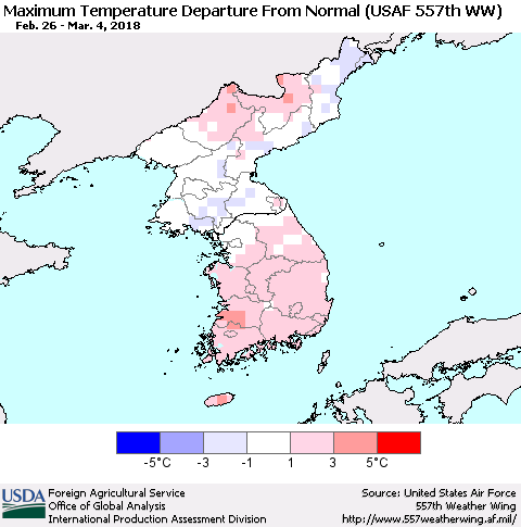 Korea Mean Maximum Temperature Departure from Normal (USAF 557th WW) Thematic Map For 2/26/2018 - 3/4/2018