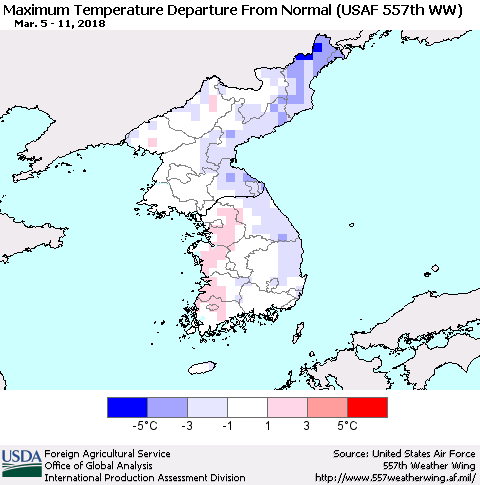 Korea Mean Maximum Temperature Departure from Normal (USAF 557th WW) Thematic Map For 3/5/2018 - 3/11/2018