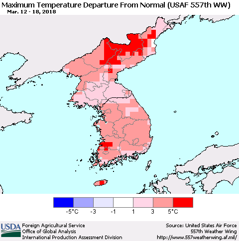 Korea Mean Maximum Temperature Departure from Normal (USAF 557th WW) Thematic Map For 3/12/2018 - 3/18/2018