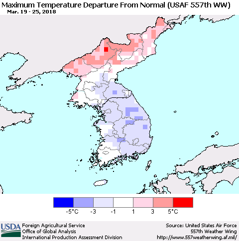 Korea Mean Maximum Temperature Departure from Normal (USAF 557th WW) Thematic Map For 3/19/2018 - 3/25/2018