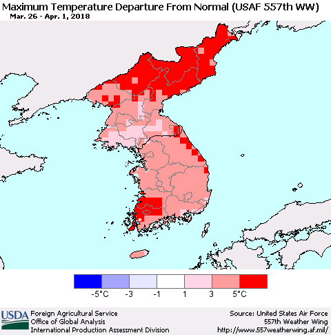 Korea Mean Maximum Temperature Departure from Normal (USAF 557th WW) Thematic Map For 3/26/2018 - 4/1/2018