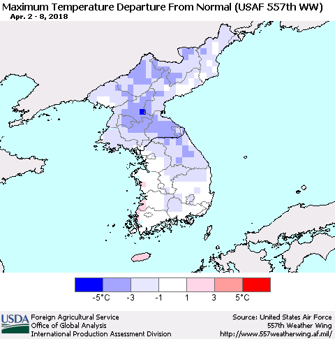 Korea Mean Maximum Temperature Departure from Normal (USAF 557th WW) Thematic Map For 4/2/2018 - 4/8/2018