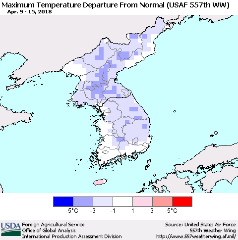Korea Mean Maximum Temperature Departure from Normal (USAF 557th WW) Thematic Map For 4/9/2018 - 4/15/2018