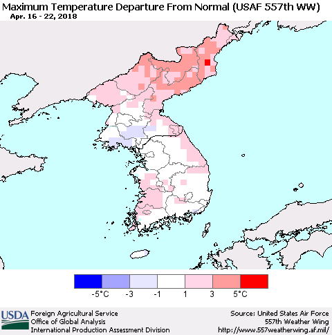Korea Mean Maximum Temperature Departure from Normal (USAF 557th WW) Thematic Map For 4/16/2018 - 4/22/2018