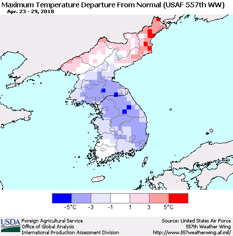 Korea Mean Maximum Temperature Departure from Normal (USAF 557th WW) Thematic Map For 4/23/2018 - 4/29/2018