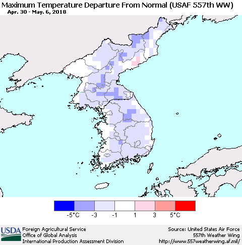 Korea Mean Maximum Temperature Departure from Normal (USAF 557th WW) Thematic Map For 4/30/2018 - 5/6/2018