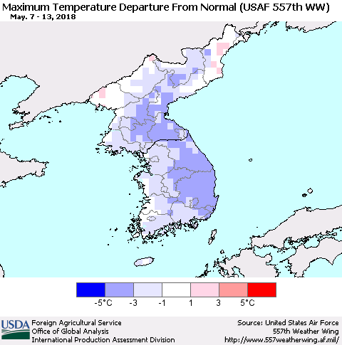 Korea Mean Maximum Temperature Departure from Normal (USAF 557th WW) Thematic Map For 5/7/2018 - 5/13/2018