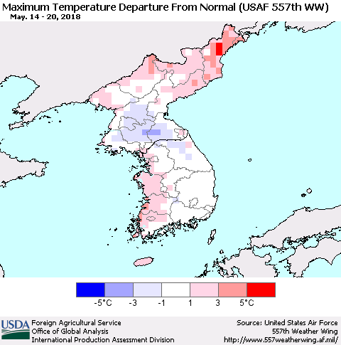 Korea Mean Maximum Temperature Departure from Normal (USAF 557th WW) Thematic Map For 5/14/2018 - 5/20/2018