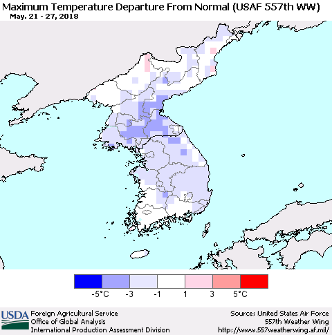 Korea Mean Maximum Temperature Departure from Normal (USAF 557th WW) Thematic Map For 5/21/2018 - 5/27/2018