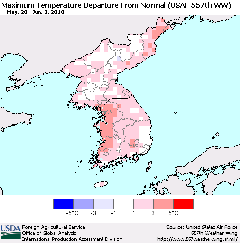Korea Mean Maximum Temperature Departure from Normal (USAF 557th WW) Thematic Map For 5/28/2018 - 6/3/2018