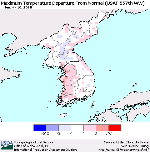 Korea Mean Maximum Temperature Departure from Normal (USAF 557th WW) Thematic Map For 6/4/2018 - 6/10/2018