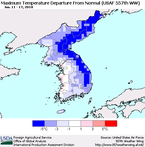 Korea Mean Maximum Temperature Departure from Normal (USAF 557th WW) Thematic Map For 6/11/2018 - 6/17/2018