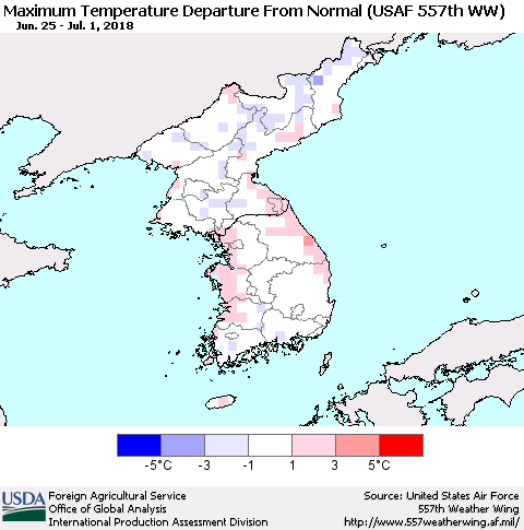 Korea Mean Maximum Temperature Departure from Normal (USAF 557th WW) Thematic Map For 6/25/2018 - 7/1/2018