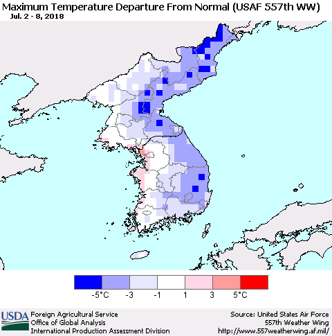 Korea Mean Maximum Temperature Departure from Normal (USAF 557th WW) Thematic Map For 7/2/2018 - 7/8/2018
