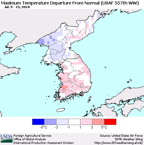 Korea Mean Maximum Temperature Departure from Normal (USAF 557th WW) Thematic Map For 7/9/2018 - 7/15/2018