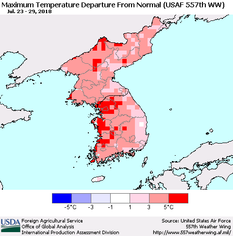 Korea Mean Maximum Temperature Departure from Normal (USAF 557th WW) Thematic Map For 7/23/2018 - 7/29/2018