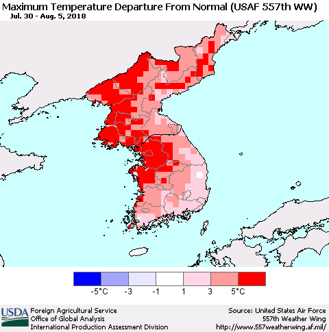 Korea Mean Maximum Temperature Departure from Normal (USAF 557th WW) Thematic Map For 7/30/2018 - 8/5/2018