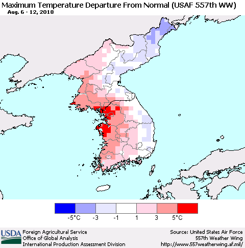 Korea Mean Maximum Temperature Departure from Normal (USAF 557th WW) Thematic Map For 8/6/2018 - 8/12/2018