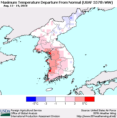 Korea Mean Maximum Temperature Departure from Normal (USAF 557th WW) Thematic Map For 8/13/2018 - 8/19/2018