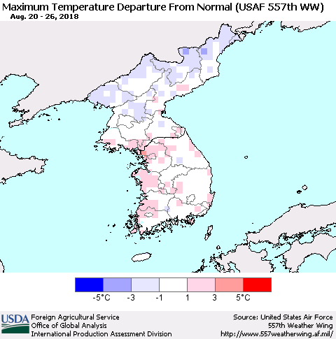 Korea Mean Maximum Temperature Departure from Normal (USAF 557th WW) Thematic Map For 8/20/2018 - 8/26/2018