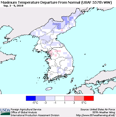 Korea Mean Maximum Temperature Departure from Normal (USAF 557th WW) Thematic Map For 9/3/2018 - 9/9/2018