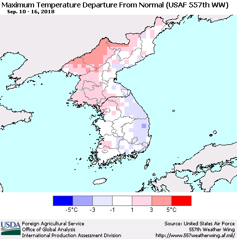 Korea Mean Maximum Temperature Departure from Normal (USAF 557th WW) Thematic Map For 9/10/2018 - 9/16/2018