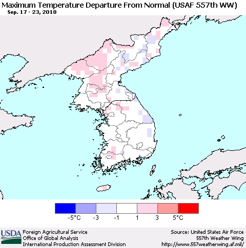 Korea Mean Maximum Temperature Departure from Normal (USAF 557th WW) Thematic Map For 9/17/2018 - 9/23/2018