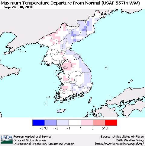 Korea Mean Maximum Temperature Departure from Normal (USAF 557th WW) Thematic Map For 9/24/2018 - 9/30/2018