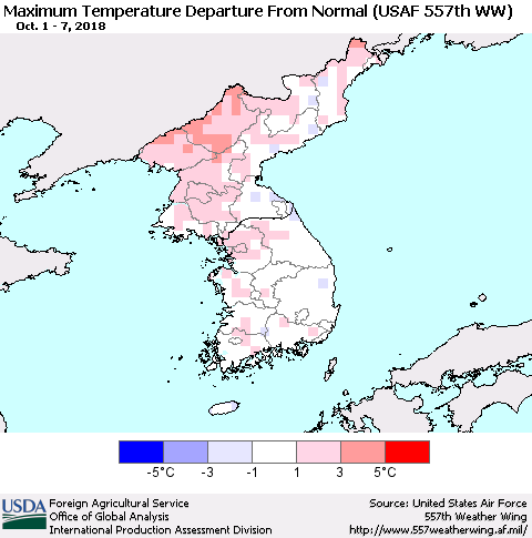Korea Mean Maximum Temperature Departure from Normal (USAF 557th WW) Thematic Map For 10/1/2018 - 10/7/2018