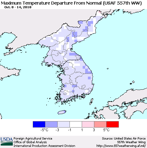 Korea Mean Maximum Temperature Departure from Normal (USAF 557th WW) Thematic Map For 10/8/2018 - 10/14/2018