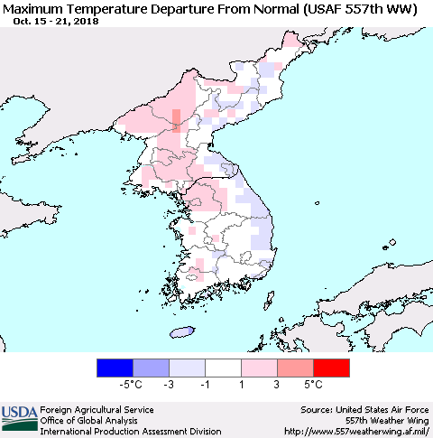Korea Mean Maximum Temperature Departure from Normal (USAF 557th WW) Thematic Map For 10/15/2018 - 10/21/2018