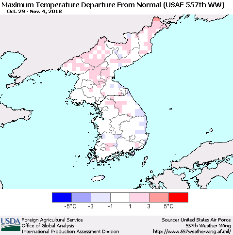 Korea Mean Maximum Temperature Departure from Normal (USAF 557th WW) Thematic Map For 10/29/2018 - 11/4/2018