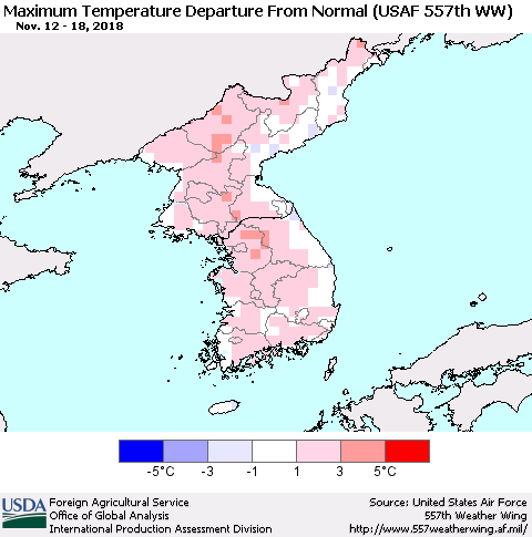 Korea Mean Maximum Temperature Departure from Normal (USAF 557th WW) Thematic Map For 11/12/2018 - 11/18/2018