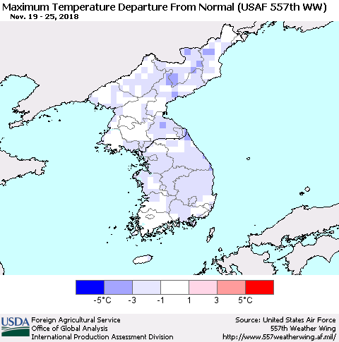 Korea Mean Maximum Temperature Departure from Normal (USAF 557th WW) Thematic Map For 11/19/2018 - 11/25/2018