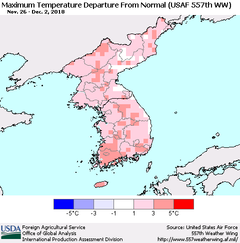 Korea Mean Maximum Temperature Departure from Normal (USAF 557th WW) Thematic Map For 11/26/2018 - 12/2/2018