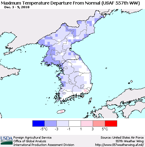 Korea Mean Maximum Temperature Departure from Normal (USAF 557th WW) Thematic Map For 12/3/2018 - 12/9/2018