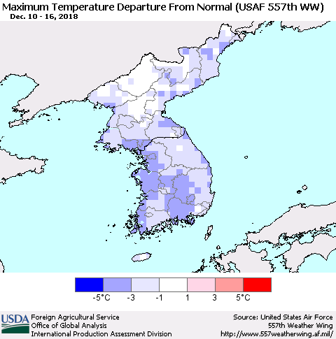 Korea Mean Maximum Temperature Departure from Normal (USAF 557th WW) Thematic Map For 12/10/2018 - 12/16/2018