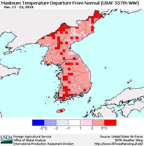 Korea Mean Maximum Temperature Departure from Normal (USAF 557th WW) Thematic Map For 12/17/2018 - 12/23/2018