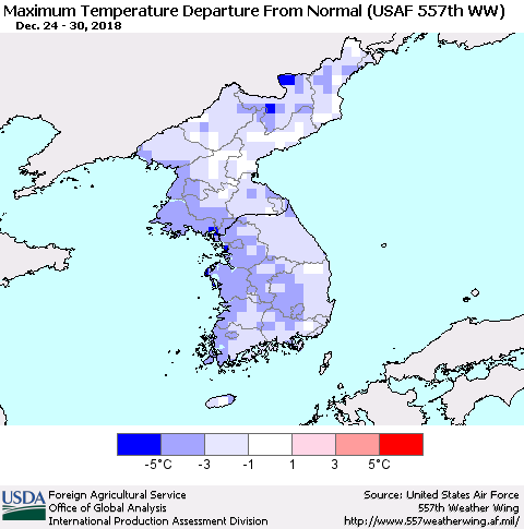 Korea Mean Maximum Temperature Departure from Normal (USAF 557th WW) Thematic Map For 12/24/2018 - 12/30/2018