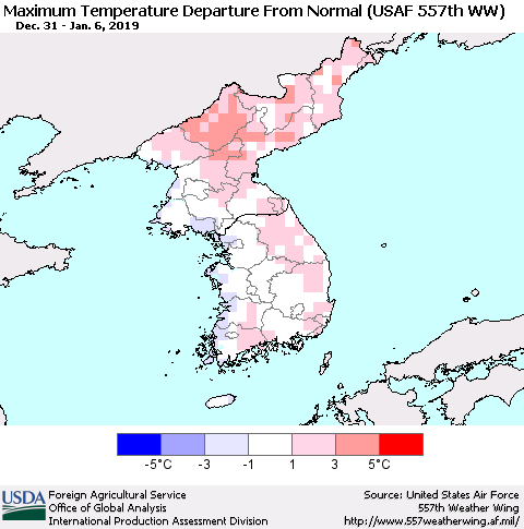 Korea Mean Maximum Temperature Departure from Normal (USAF 557th WW) Thematic Map For 12/31/2018 - 1/6/2019