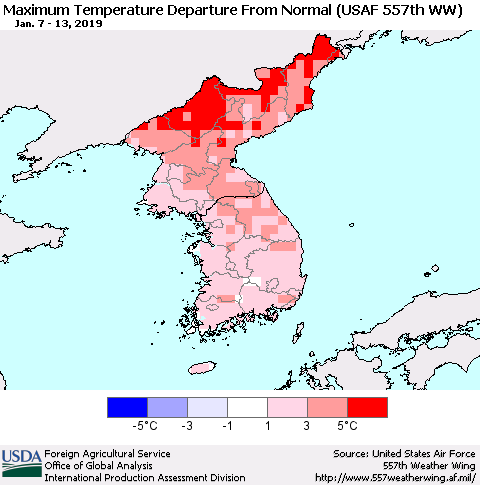 Korea Mean Maximum Temperature Departure from Normal (USAF 557th WW) Thematic Map For 1/7/2019 - 1/13/2019