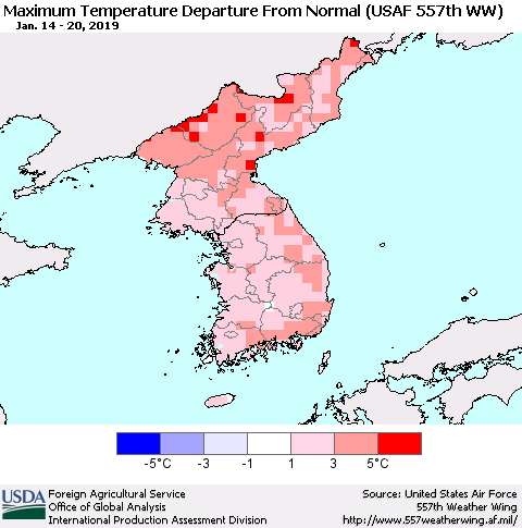 Korea Mean Maximum Temperature Departure from Normal (USAF 557th WW) Thematic Map For 1/14/2019 - 1/20/2019