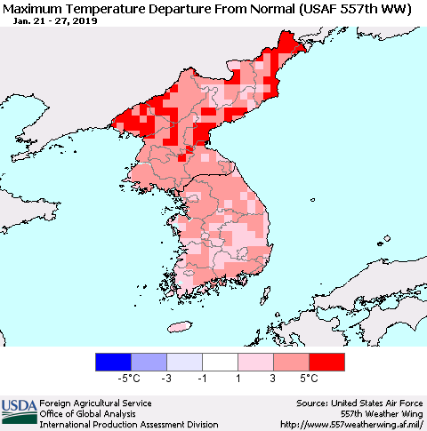 Korea Mean Maximum Temperature Departure from Normal (USAF 557th WW) Thematic Map For 1/21/2019 - 1/27/2019