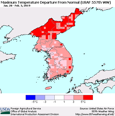 Korea Mean Maximum Temperature Departure from Normal (USAF 557th WW) Thematic Map For 1/28/2019 - 2/3/2019